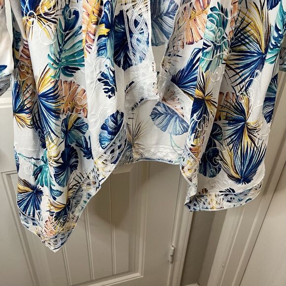 Chicos Size 1 Floral Tropical Palm Leaf Open Front Waterfall Cardigan Kimono M - Picture 3 of 11